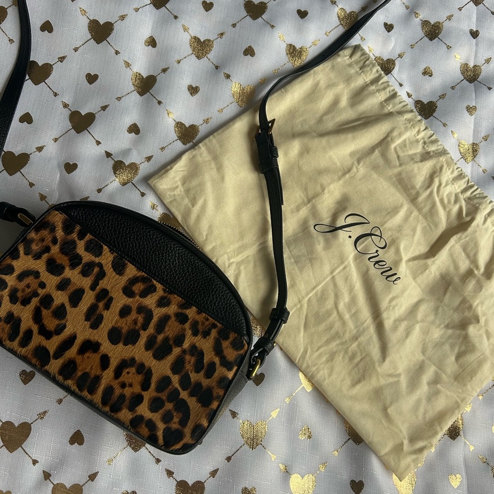 J. Crew Black and Brown Crossbody Bag with Leopard Print